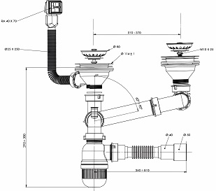 Сифон для мойки на 2 чаши 3 1/2", BETTOSERB. Регулируемая длина гофры 360-810 мм. Регулируемая высота: 10 см. Диаметр слива: 90 мм. Диаметр чаш: 114 мм. Диаметр фильтр-пробок: 80 мм. Подключение к канализации: 40/50 мм. В комплекте крепеж для монтажа как