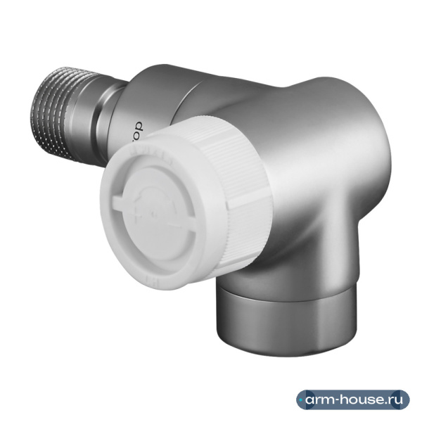 Вентиль термостатический угловой трехосевой Oventrop Серия E, 1/2" (DN 15) M30x1,5, латунь, цвет матовая сталь, правое подключение