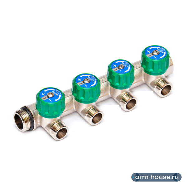 Коллектор Uni-Fitt 3/4"х1/2" - 4 выхода «плоское уплотнение» никелированный с вентилями 411N3240