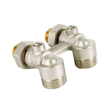 Блок шаровых кранов угловой Rehau RAUTITAN, 1/2" x 3/4", латунь никелированная, с соединительным ниппелем