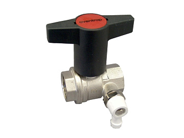 Кран шаровой, Oventrop, Optibal, полнопроходной, DN-15, 1/2", ВВ, PN, бар-16, ручка-пластмассовая, удлинённая антрацит, латунь, никелированный, со штуцером для слива 1/4"