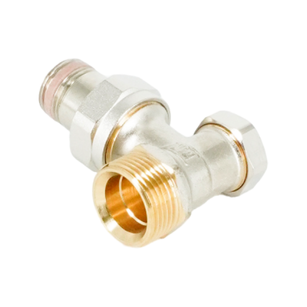 Вентиль на обратную подводку угловой Oventrop Combi 2, DN 15 (3/4" x 1/2" Н ЕК-Н), латунь никелированная, НГ со штуцером, предварительная настройка, отключение