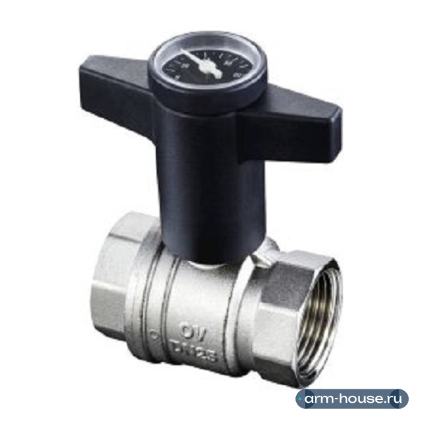 Кран шаровой Oventrop Optibal Ду20, 3/4", с термометром, из латуни, никелированный, полнопроходной, с обеих сторон внутренняя резьба, рукоятка пластмассовая, удлиненная