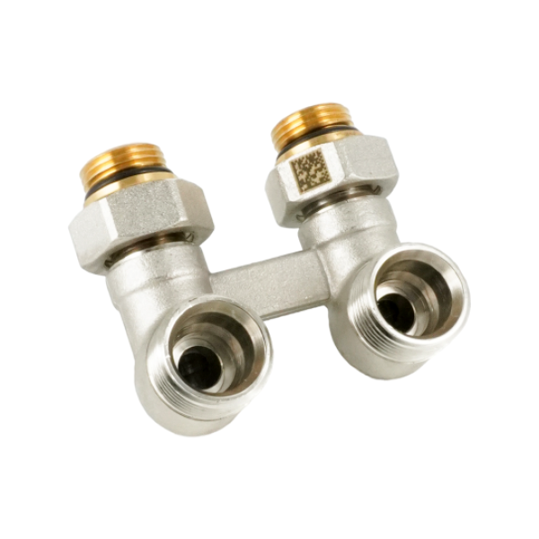 Блок шаровых кранов угловой Rehau RAUTITAN, 1/2" x 3/4", латунь никелированная, с соединительным ниппелем