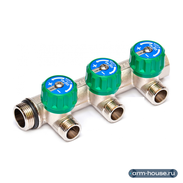 Коллектор Uni-Fitt 3/4"х1/2" - 3 выхода «плоское уплотнение» никелированный с вентилями 411N3230