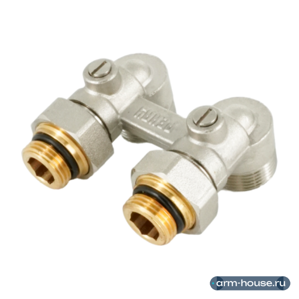 Блок шаровых кранов угловой Rehau RAUTITAN, 1/2" x 3/4", латунь никелированная, с соединительным ниппелем