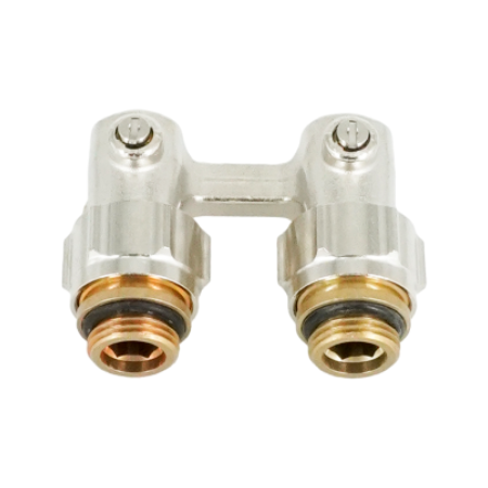 Узел запорно-присоединительный угловой H-образный Oventrop Multiflex F (ZB), 3/4" x 1/2" Н ЕК-Н, латунь никелированная, для приборов со встроенным вентилем, мягкое плоское уплотнение