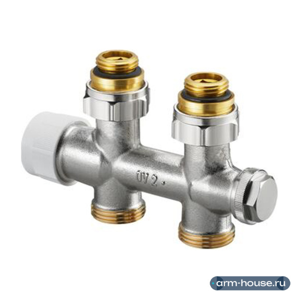 Узел присоединительный проходной Oventrop Multiblock T, 3/4" x 1/2" НН, латунь никелированная, с преднастройкой, запорная и сливная функции, для двухтрубных систем