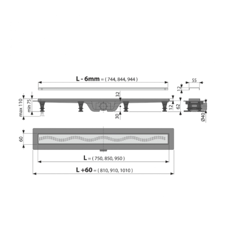 Водоотводящий желоб APZ8 Simple 850 мм с порогами