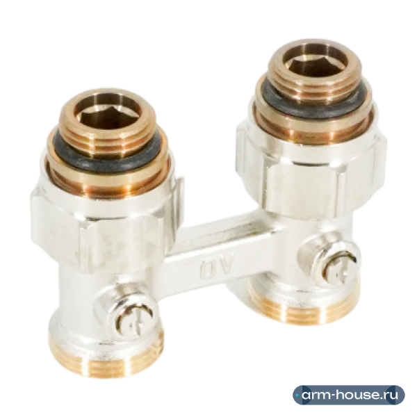 Узел запорно-присоединительный прямой H-образный Oventrop Multiflex F (ZB), 3/4" x 1/2" Н ЕК-Н, латунь никелированная, для приборов со встроенным вентилем, мягкое плоское уплотнение