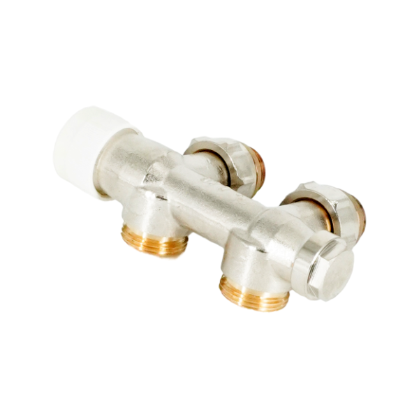 Узел присоединительный угловой Oventrop Multiblock T, 3/4" x 1/2" НН, латунь никелированная, с преднастройкой, запорная и сливная функции, для двухтрубных систем