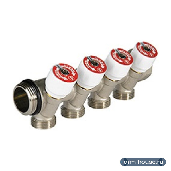 Коллектор сантехнический Giacomini R585C 3/4"х3/4"E, 2 отвода, с отсечными вентилями, никелированный