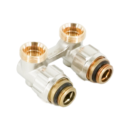 Узел запорно-присоединительный угловой H-образный Oventrop Multiflex F (ZB), 3/4" x 1/2" Н ЕК-Н, латунь никелированная, для приборов со встроенным вентилем, мягкое плоское уплотнение