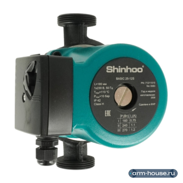 Насос циркуляционный SHINHOO BASIC 25-12S 1х230 В, монтажная длина 180 мм