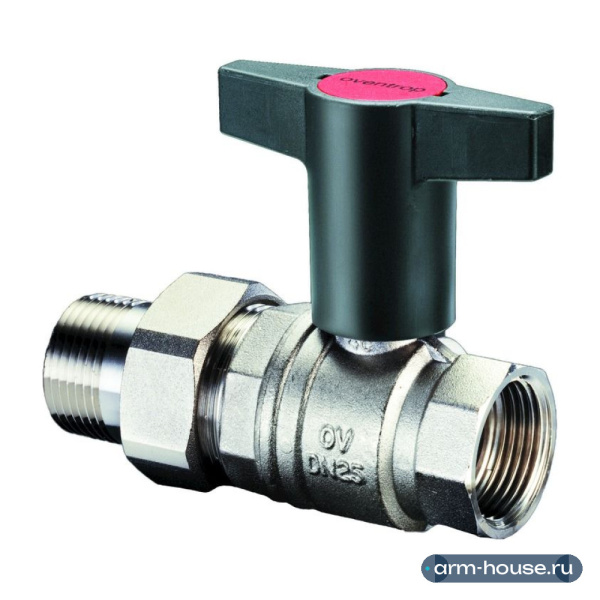 Кран шаровой, Oventrop, Optibal, полнопроходной, DN-15, 1/2", НВ, PN, бар-16, ручка-пластмассовая, удлинённая антрацит, латунь, никелированный, с ниппелем и НГ