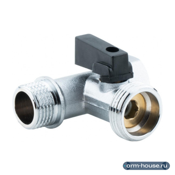 Миникран шаровой1/2" х 3/4" х 1/2", проходной, для бытовой техники, хромированный, резьбы НР-НР-ВР