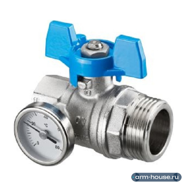 Кран шаровой Oventrop с плоским уплотнением Ду25, G1BP x G1HP, с термометром (0–80 °C), с синей рукояткой