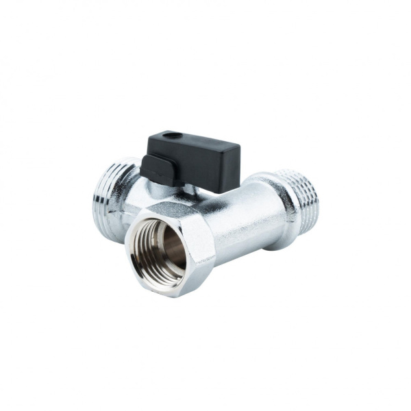 Миникран шаровой1/2" х 3/4" х 1/2", проходной, для бытовой техники, хромированный, резьбы НР-НР-ВР