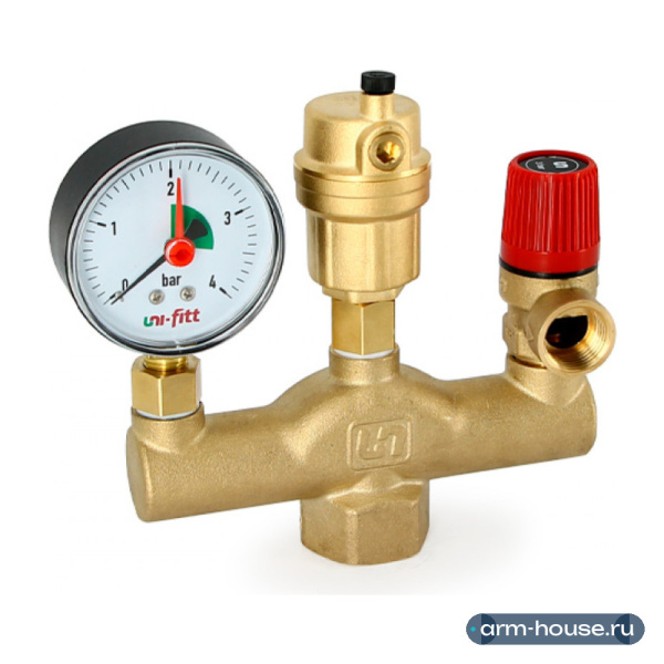 Группа безопасности котла Uni-Fitt 252G4530 (до 50 кВт, 1", 3 бар, латунь)