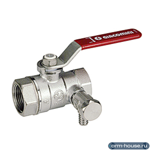 Кран шаровой, Giacomini, R250DS, стандартный проход, 1 1/4", ВВ, ручка-рычаг красный, латунь, хромированный, со сливом