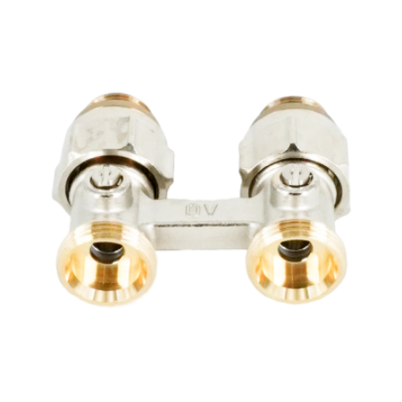 Узел запорно-присоединительный прямой H-образный Oventrop Multiflex F (ZB), 3/4" x 1/2" Н ЕК-Н, латунь никелированная, для приборов со встроенным вентилем, мягкое плоское уплотнение
