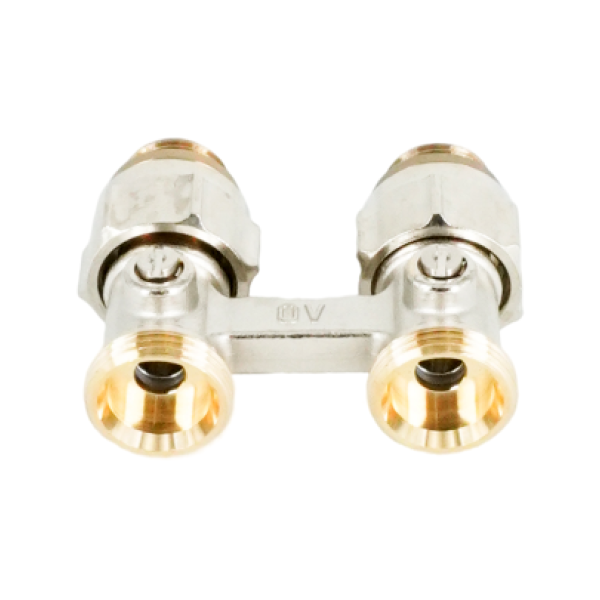 Узел запорно-присоединительный прямой H-образный Oventrop Multiflex F (ZB), 3/4" x 1/2" Н ЕК-Н, латунь никелированная, для приборов со встроенным вентилем, мягкое плоское уплотнение