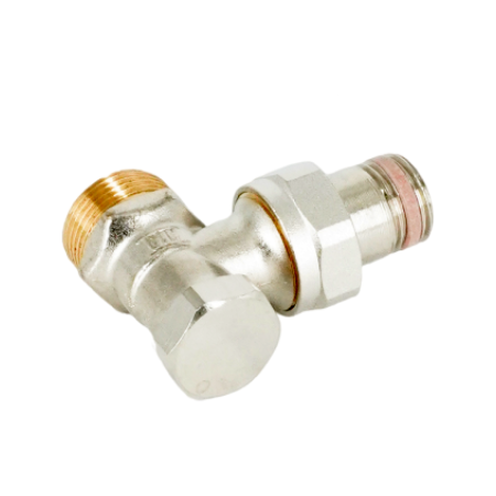 Вентиль на обратную подводку угловой Oventrop Combi 2, DN 15 (3/4" x 1/2" Н ЕК-Н), латунь никелированная, НГ со штуцером, предварительная настройка, отключение