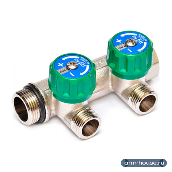 Коллектор Uni-Fitt 3/4"х1/2" - 2 выхода «плоское уплотнение» никелированный с вентилями 411N3220