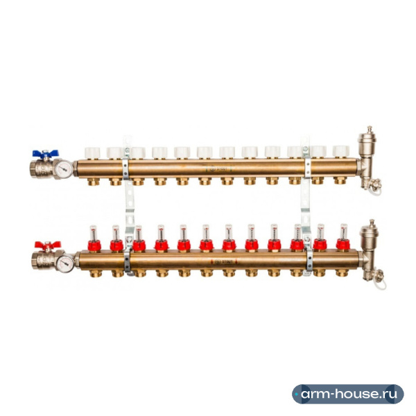 Коллектор Stout 1"x3/4" 12 контуров с расходомерами в сборе из латуни