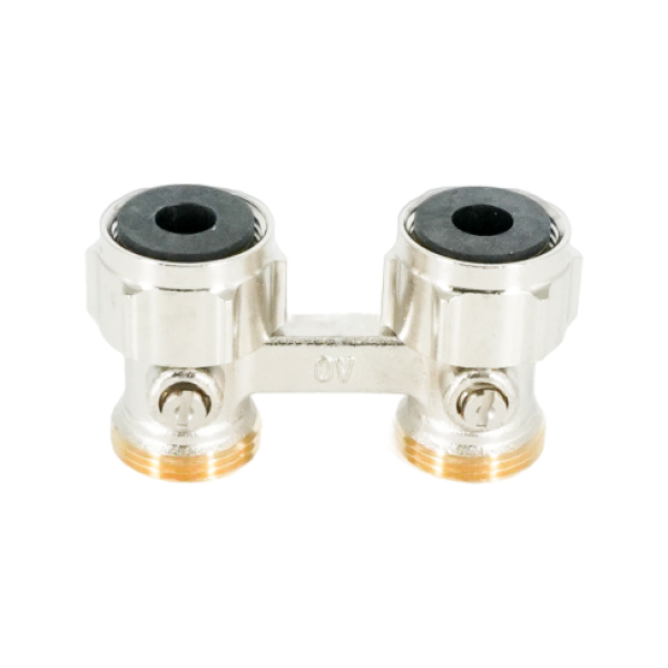 Узел запорно-присоединительный прямой H-образный Oventrop Multiflex F (ZB), 3/4" x 3/4" Н ЕК-НГ ЕК, латунь никелированная, для приборов со встроенным вентилем, мягкое плоское уплотнение