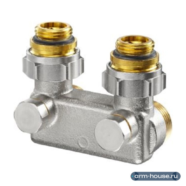Узел перепускной угловой Oventrop, 1/2" НР х 3/4" НГ, латунь никелированная, для переключения подающей и обратной линий, функция отключения, межосевое расстояние 50 мм