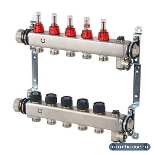 Распределительная гребенка с ротаметрами Oventrop Multidis SFR 3/4"х3/4"ЕК, 5 контуров, нерж. сталь