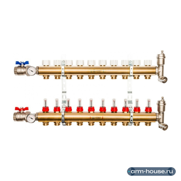 Коллектор Stout 1"x3/4" 10 контуров с расходомерами в сборе из латуни