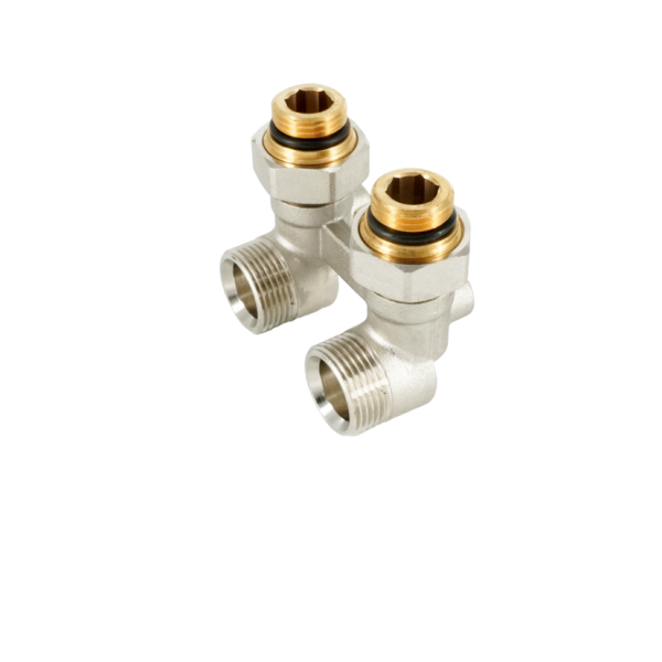 Блок шаровых кранов угловой Rehau RAUTITAN, 1/2" x 3/4", латунь никелированная, с соединительным ниппелем