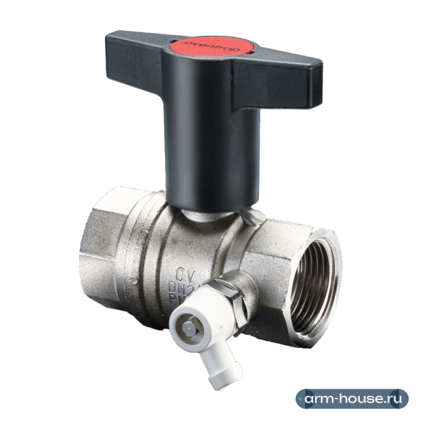 Кран шаровой, Oventrop, Optibal, полнопроходной, DN-20, 3/4", ВВ, PN, бар-16, ручка-пластмассовая, удлинённая антрацит, латунь, никелированный, со штуцером для слива 1/4"