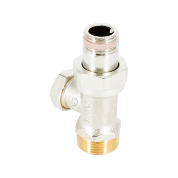 Вентиль на обратную подводку проходной Oventrop Combi 2, DN 15 (3/4" x 1/2" Н ЕК-Н), латунь никелированная, НГ со штуцером, предварительная настройка, отключение