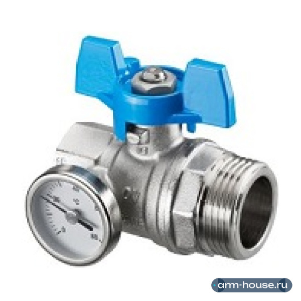 Кран шаровой Oventrop с плоским уплотнением Ду20, G3/4"BP x G1"HP, с термометром (0–80 °C), с синим маховиком