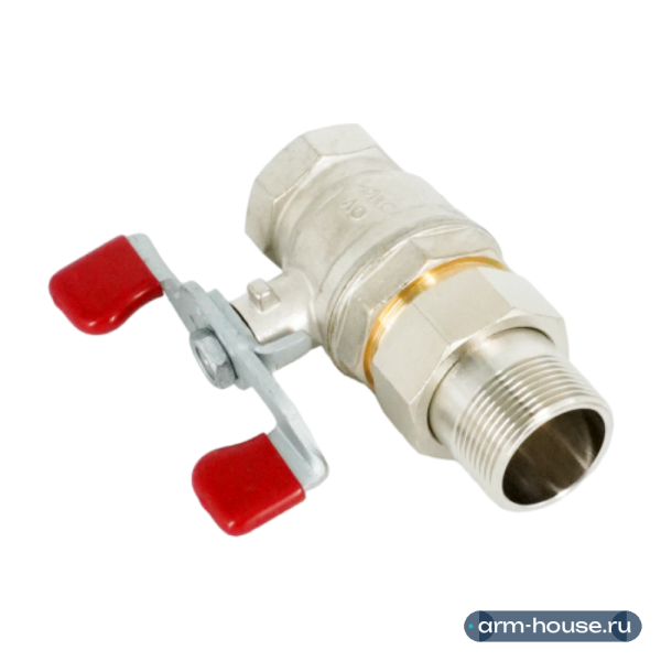 Кран шаровой, Oventrop, Optibal, полнопроходной, DN-32, 1 1/4", НВ, PN, бар-16, ручка-бабочка, латунь, никелированный, с ниппелем и НГ