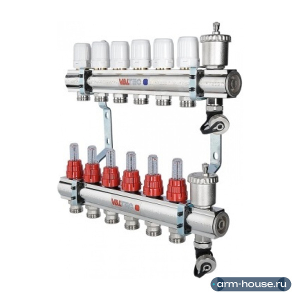 Коллекторный блок Valtec 1"х3/4" 12 выходов с расходомерами (латунь) VTc.596.EMNX.0612
