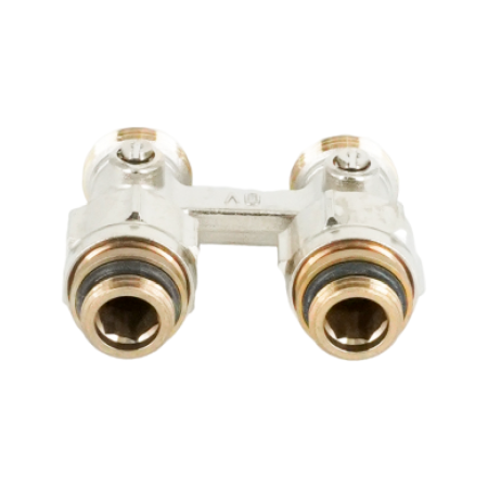 Узел запорно-присоединительный прямой H-образный Oventrop Multiflex F (ZB), 3/4" x 1/2" Н ЕК-Н, латунь никелированная, для приборов со встроенным вентилем, мягкое плоское уплотнение