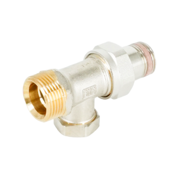 Вентиль на обратную подводку проходной Oventrop Combi 2, DN 15 (3/4" x 1/2" Н ЕК-Н), латунь никелированная, НГ со штуцером, предварительная настройка, отключение