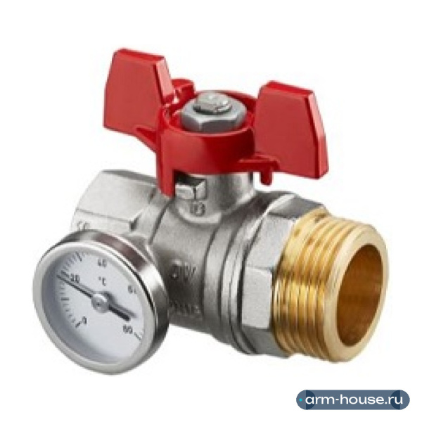 Кран шаровой Oventrop с плоским уплотнением Ду20, G3/4"BP x G1"HP, с термометром (0–80 °C), с красным маховиком