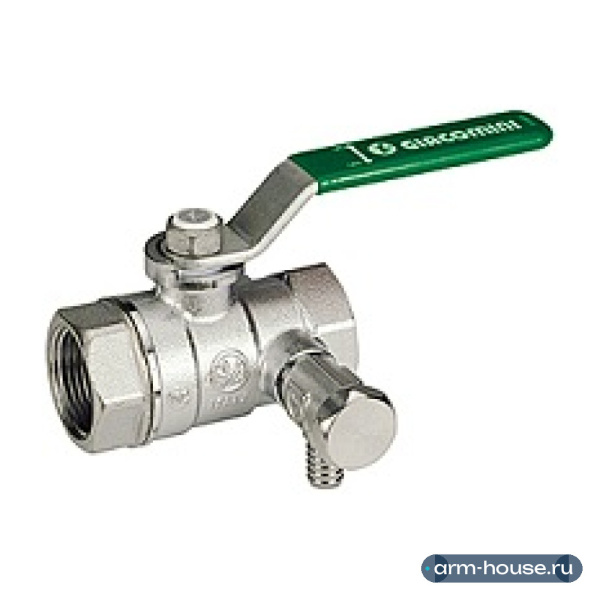 Кран Giacomini шаровой, R250WS, 1/2", ВВ, ручка-рычаг зеленый, хромированный, со сливом